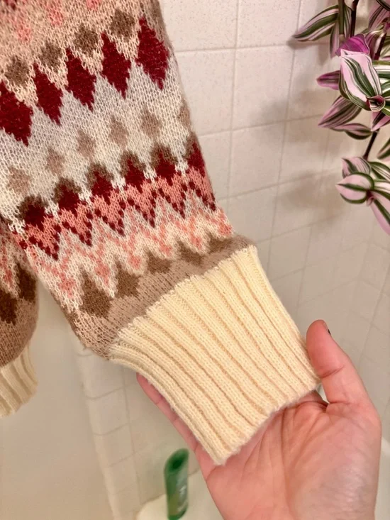 New In Open Fair Isle Cardigan Sweater Oversized Size Medium Cottagecore Spring - Picture 2 of 7